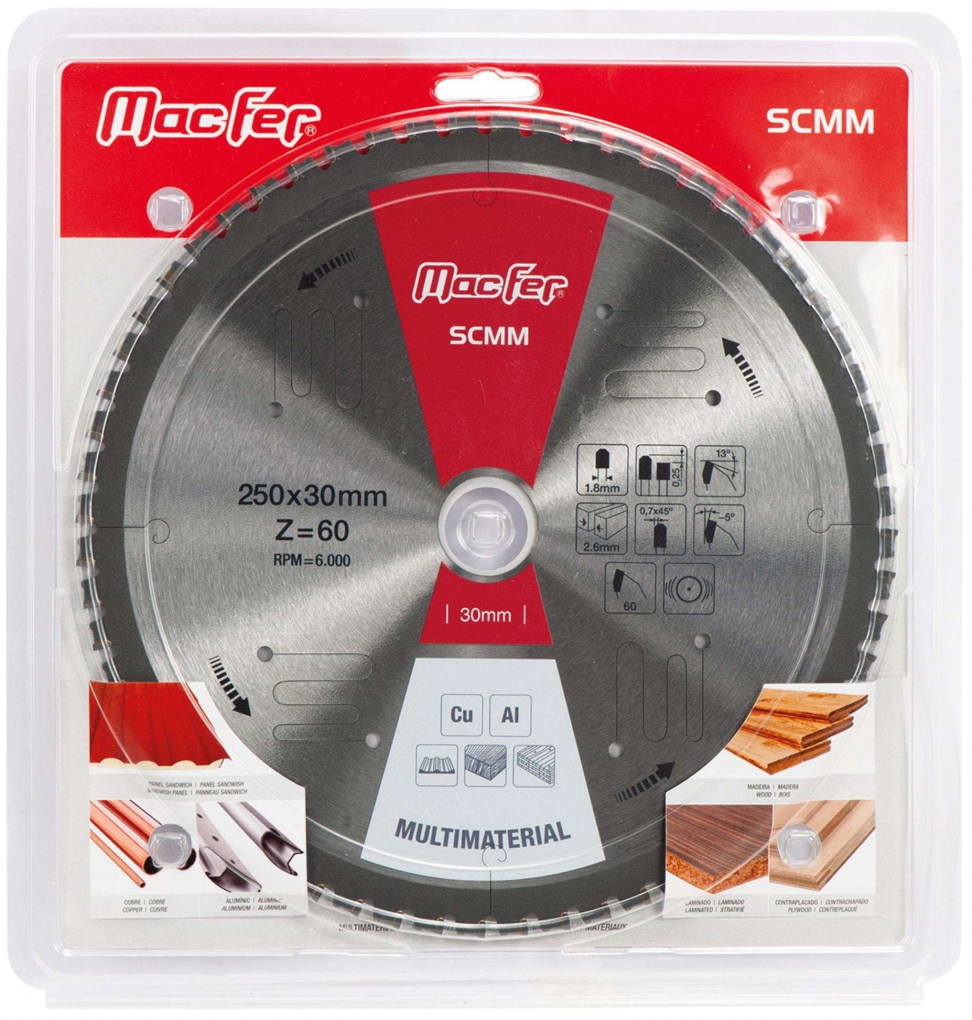 Disco serra circular multimaterial MacFer SCMM 216x30mm Z60 refª 125.0069 MACFER