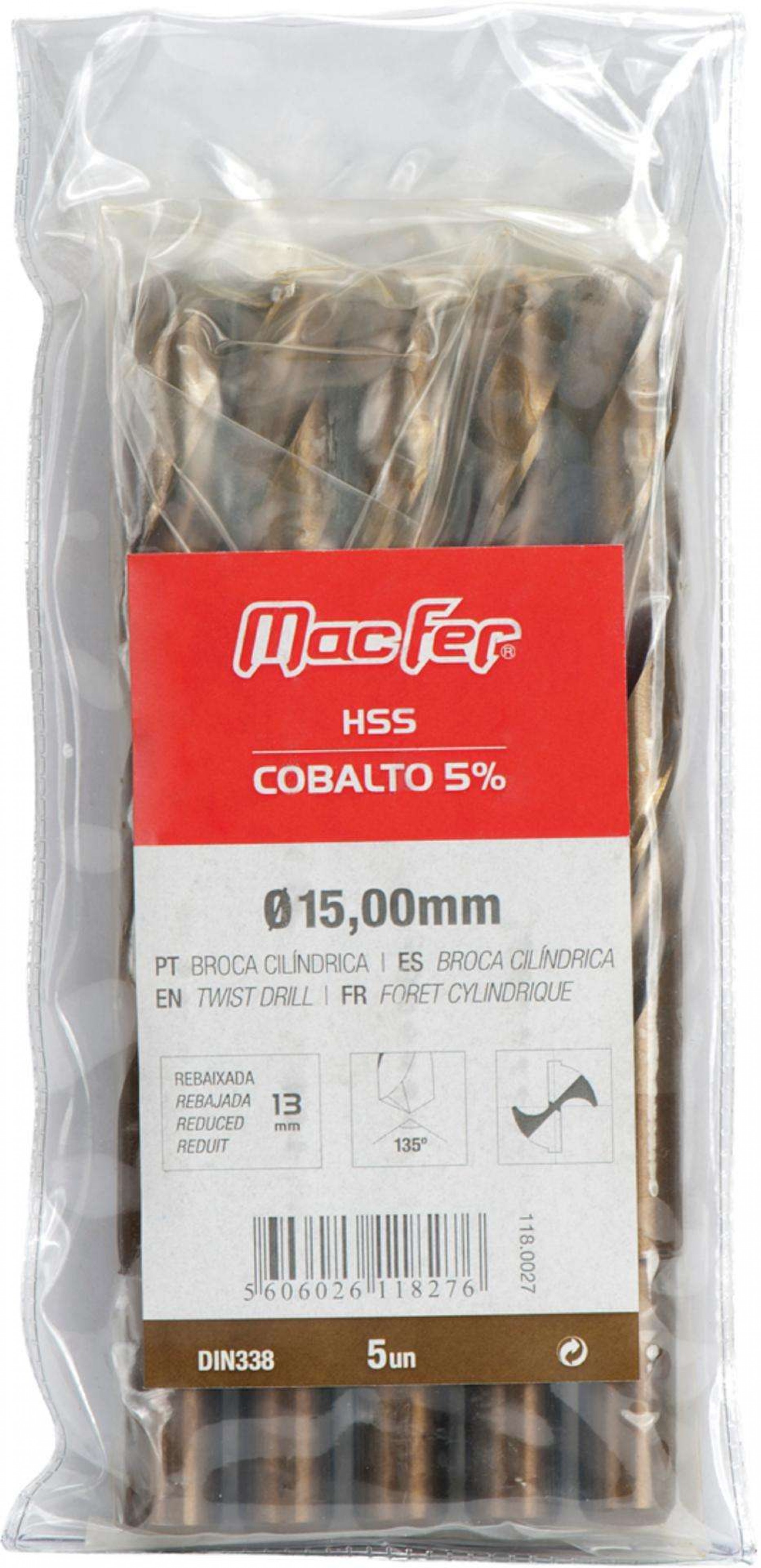 Broca cil. MacFer HSS-Cobalto 5% 16,0mm (reb. 13mm) refª 118.0028 MACFER