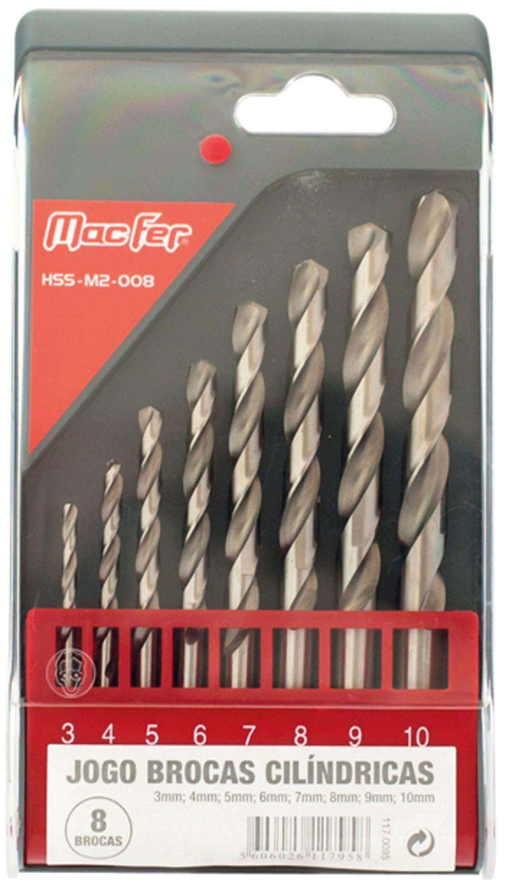 Jg. brocas cilindricas HSS-M2-008 3~10mm 8pçs cx. Plástica refª 117.0095 MACFER