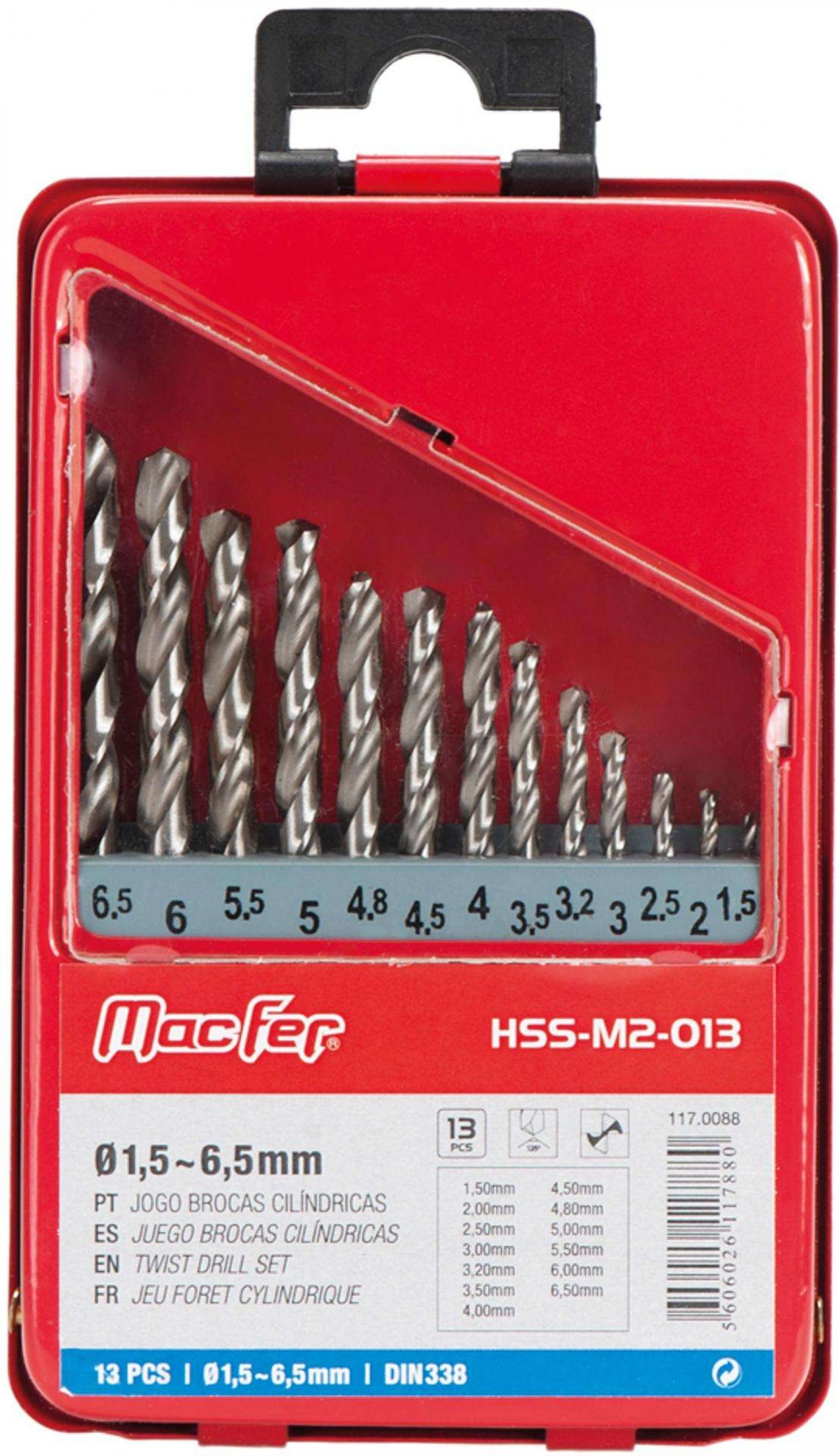 Jg. brocas cil. MacFer HSS-M2-013 1,5~6,5mm 13pçs refª 117.0088 MACFER