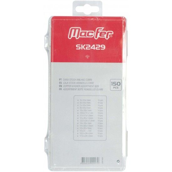 Cx. stock anilhas cobre mf SK2429 150pçs refª 009.0007 MACFER Cx. stock anilhas cobre mf SK2429 150pçs refª 009.0007 MACFER