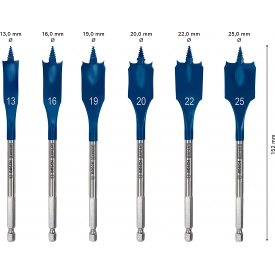 Conjunto de brocas planas EXPERT Self Cut Speed Spade, 13/16/19/20/22/25, 6 unid refª 2608902109 BOS Conjunto de brocas planas EXPERT Self Cut Speed Spade, 13/16/19/20/22/25, 6 unid refª 2608902109 BOS