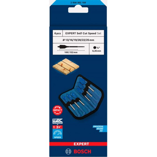 Conjunto de brocas planas EXPERT Self Cut Speed Spade, 13/16/19/20/22/25, 6 unid refª 2608902109 BOS Conjunto de brocas planas EXPERT Self Cut Speed Spade, 13/16/19/20/22/25, 6 unid refª 2608902109 BOS