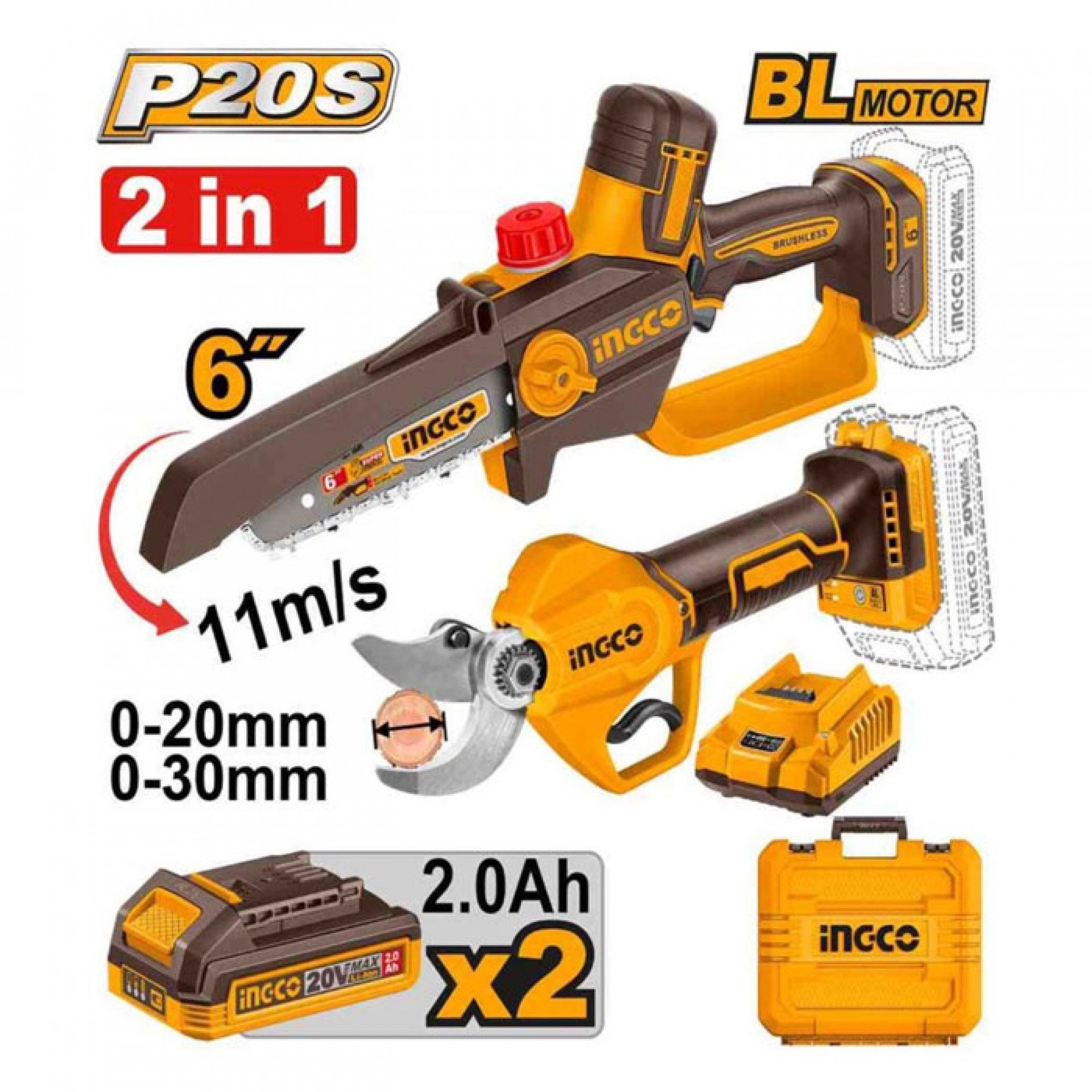 Kit Mini Podadora (CGSLI2066) + Tesoura de Poda (CSSLI20308 2 bat 2.0Ah + carre. + mala refª COSLI