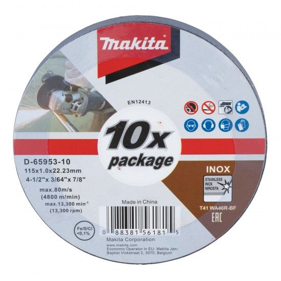 Disco corte inox 115x1x22.23mm 10pç refª D-65953-10 MAKITA Disco corte inox 115x1x22.23mm 10pç refª D-65953-10 MAKITA