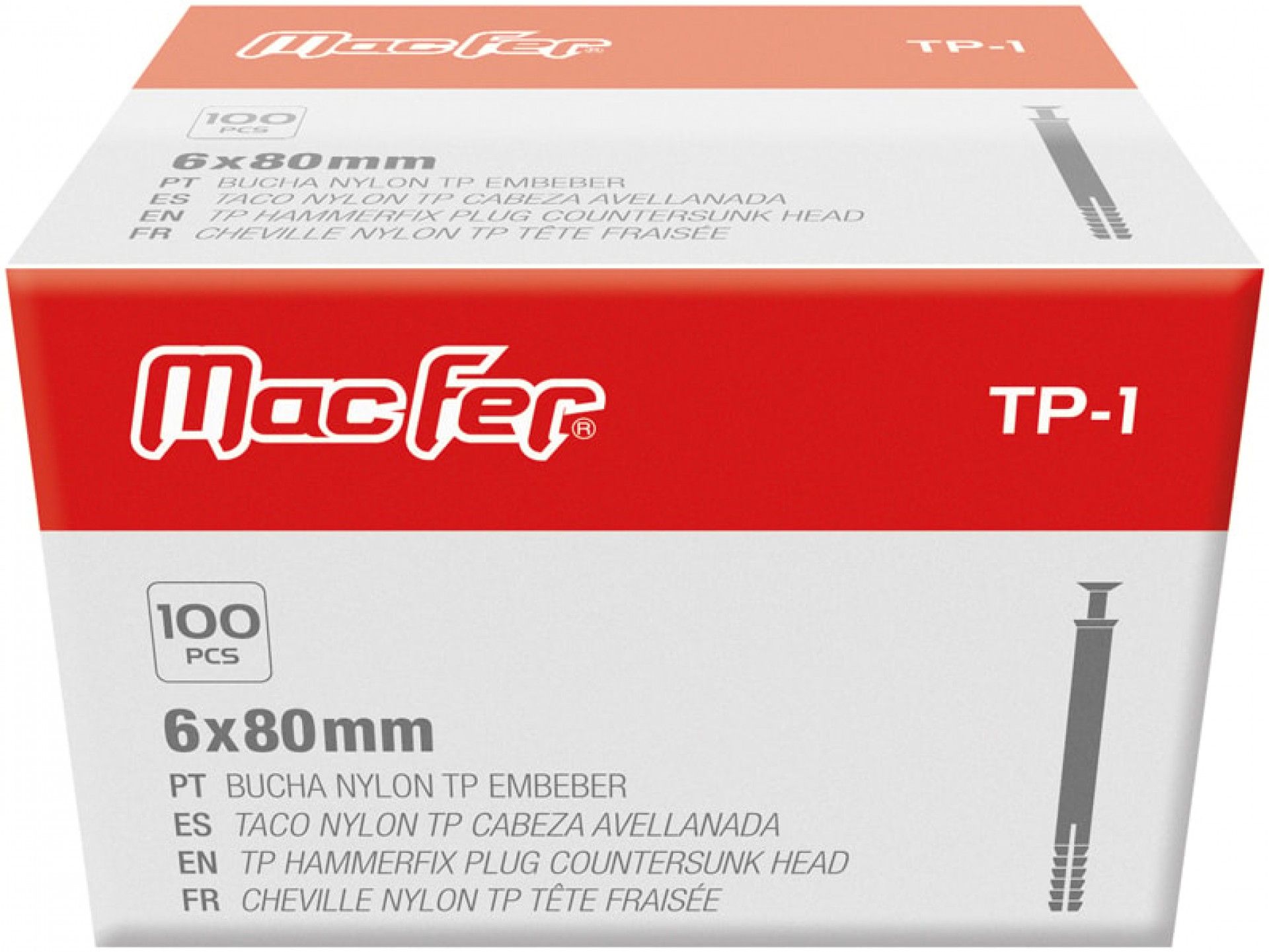 Bucha nylon TP-1 6x40mm cx 100pç refª 121.0025 MACFER