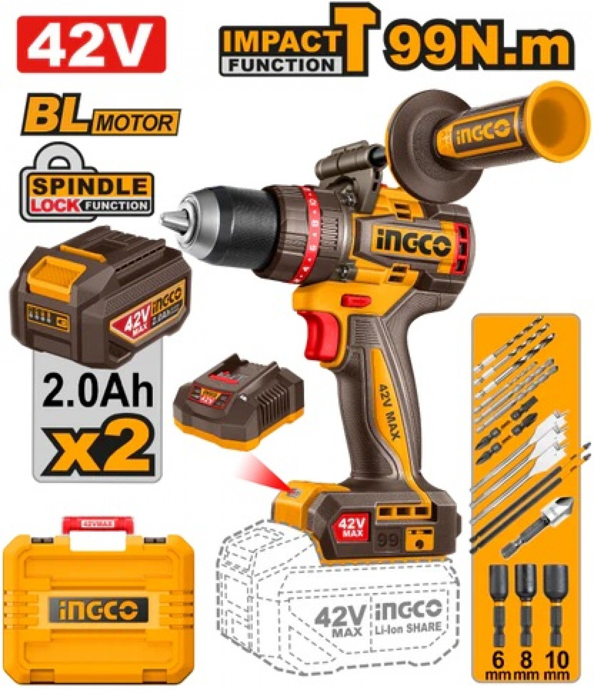 Aparafusadora imp. 42v brushless + 2bat 2ah + ca +mala refª CIDLI429982E Ingco