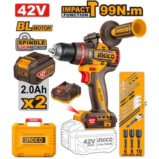 Aparafusadora imp. 42v brushless + 2bat 2ah + ca +mala ref� CIDLI429982E Ingco