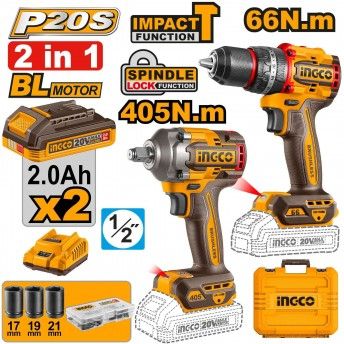 Pack Aparafusadora + Chave impacto + 2bat 2Ah + carregador + mala refª CKLI20286E Ingco Pack Aparafusadora + Chave impacto + 2bat 2Ah + carregador + mala refª CKLI20286E Ingco