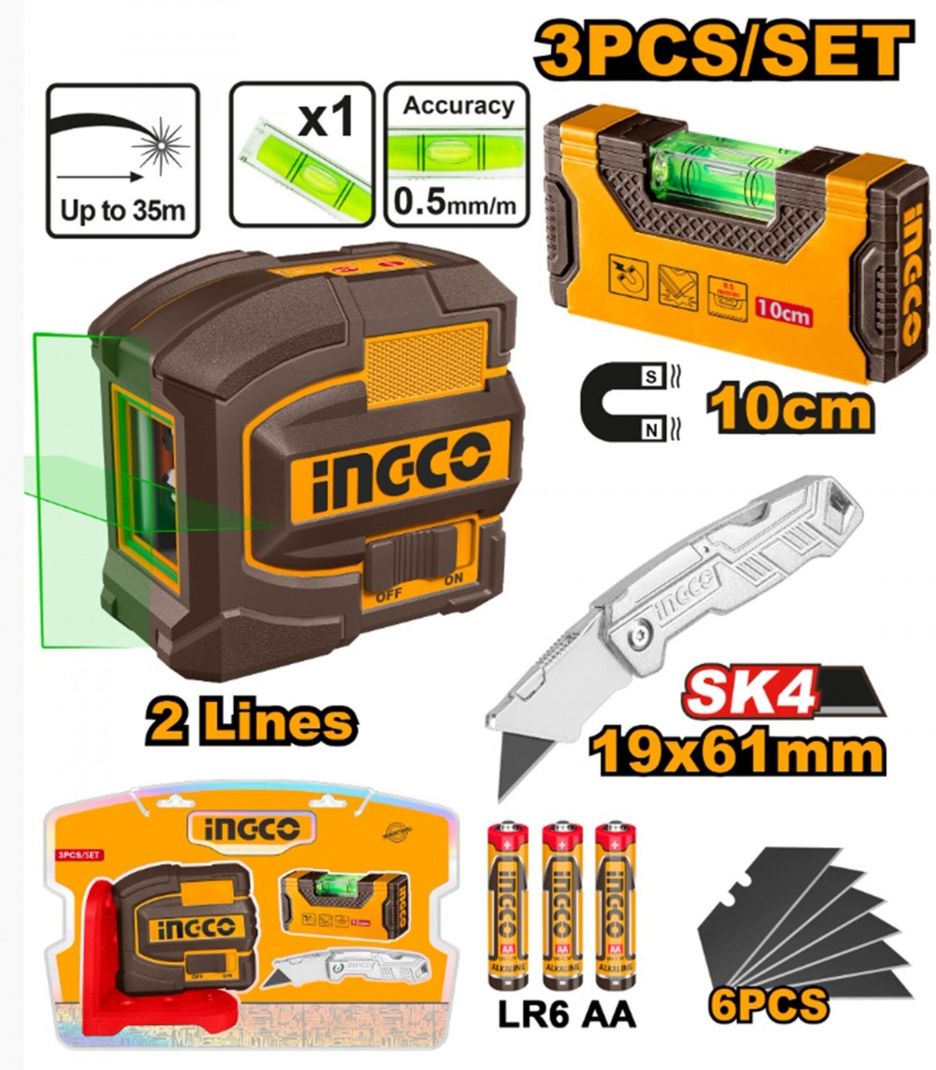 Kit Nivel Laser 2 Linhas + Mini Nível Manual + X-acto refª COSLL251002 Ingco