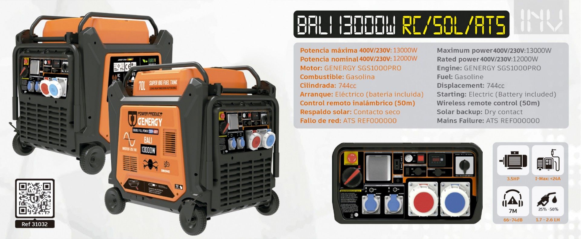 Gerador mono/trifásico Bali 13000W RC-SOL-ATS refª 31032 Genergy