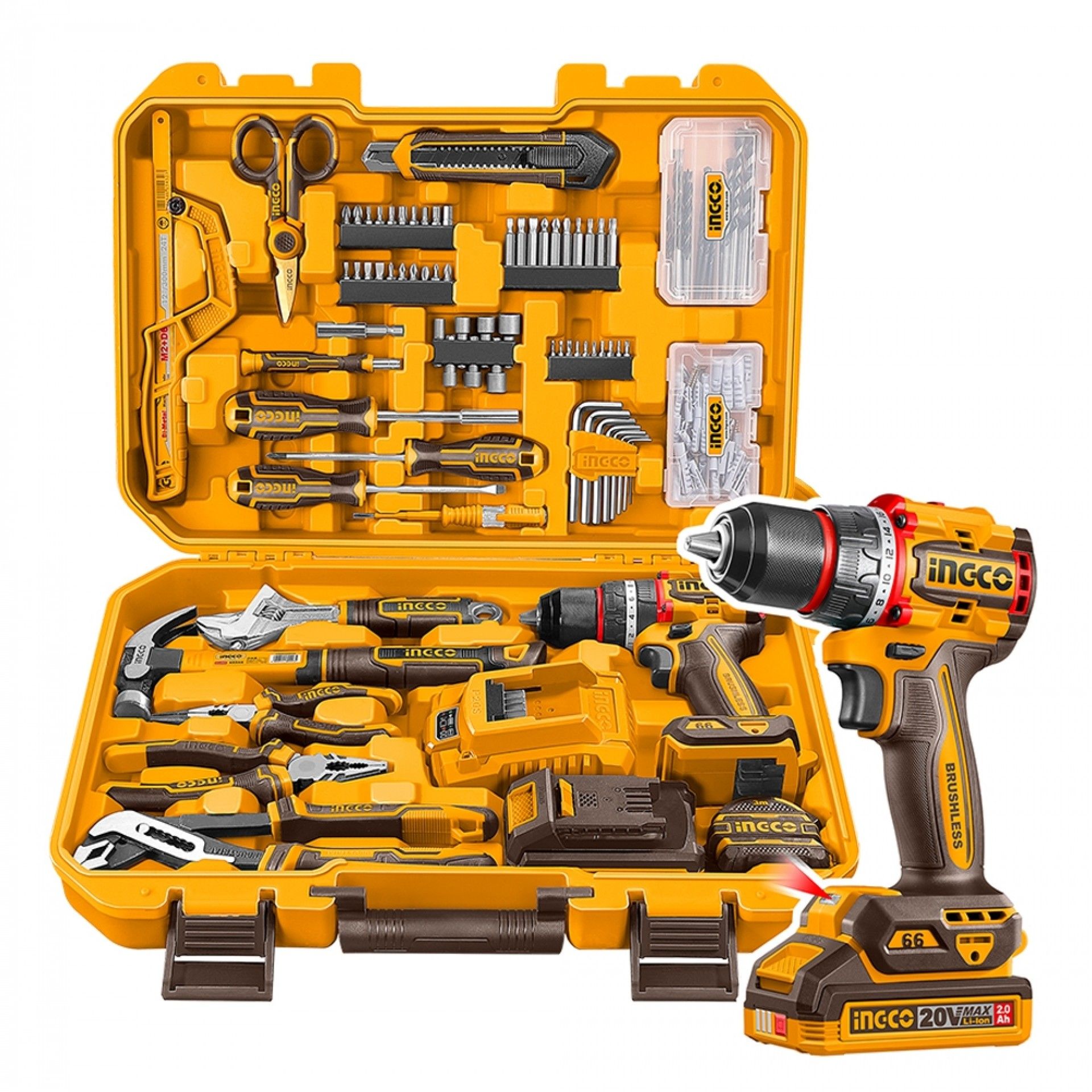 Aparafusadora 20V brushless + bat 2.0Ah, carregador e mala ferramentas 166pç refª HKTHP41662E IngCo