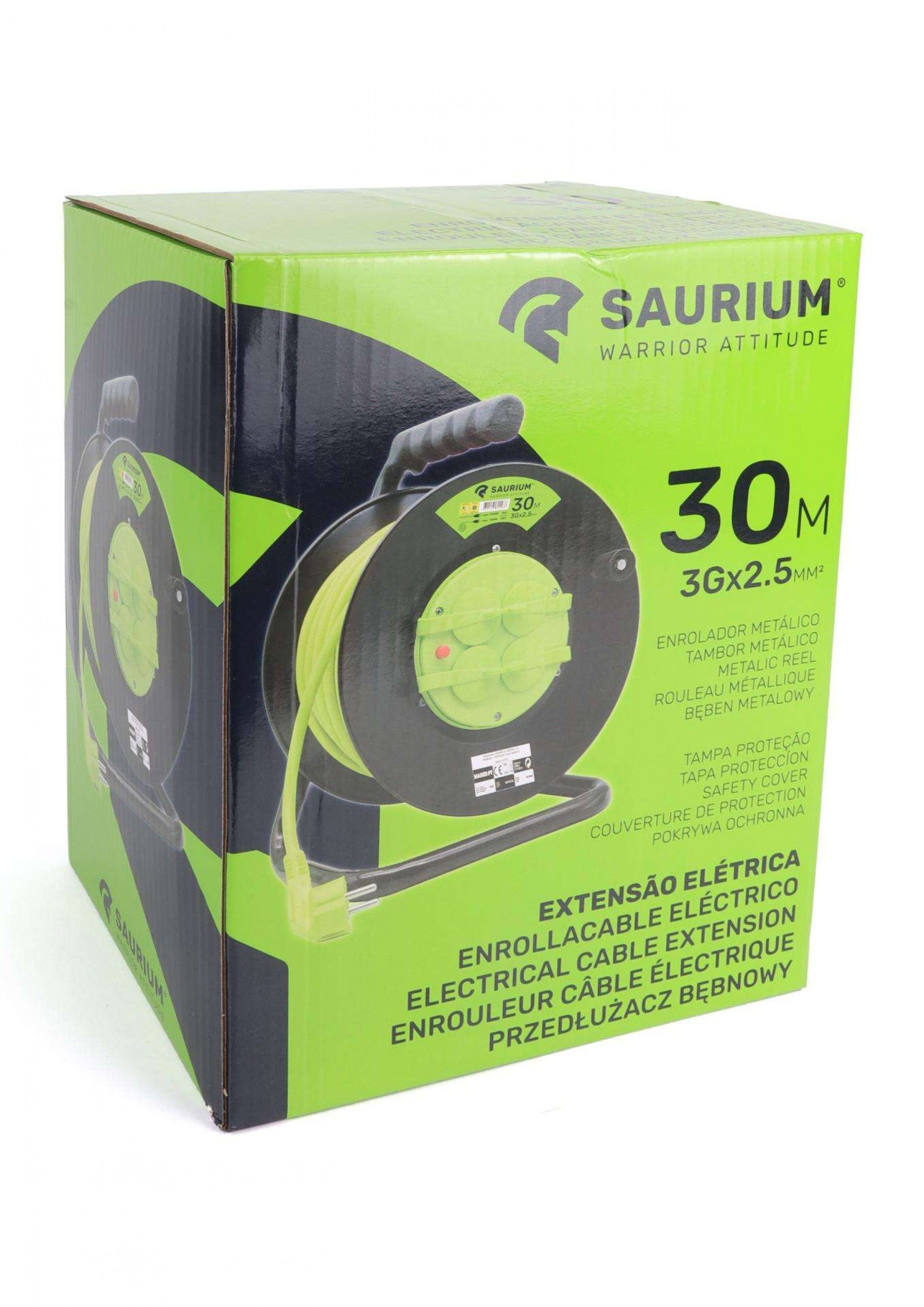 Extensão Elétrica, Enrolador Metálico, com Tampas, 30m, 3G x 2,5mm² refª 89298 SAURIUM