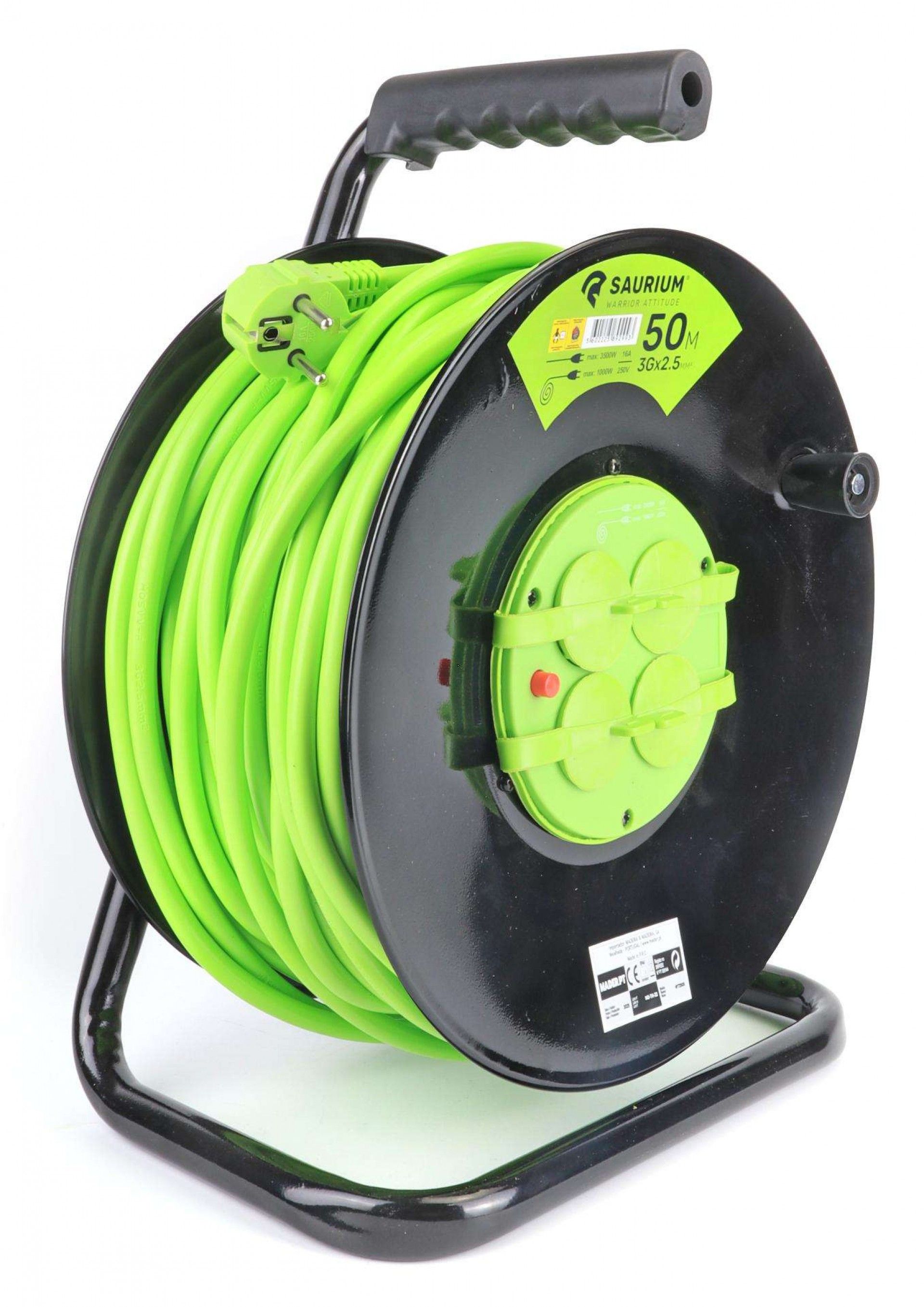 Extensão Elétrica, Enrolador Metálico, com Tampas, 50m, 3G x 2,5mm² refª 89299 SAURIUM