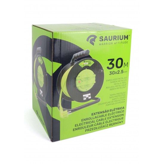 Extensão Elétrica, Enrolador Metálico, com Tampas, 30m, 3G x 2,5mm² refª 89298 SAURIUM Extensão Elétrica, Enrolador Metálico, com Tampas, 30m, 3G x 2,5mm² refª 89298 SAURIUM