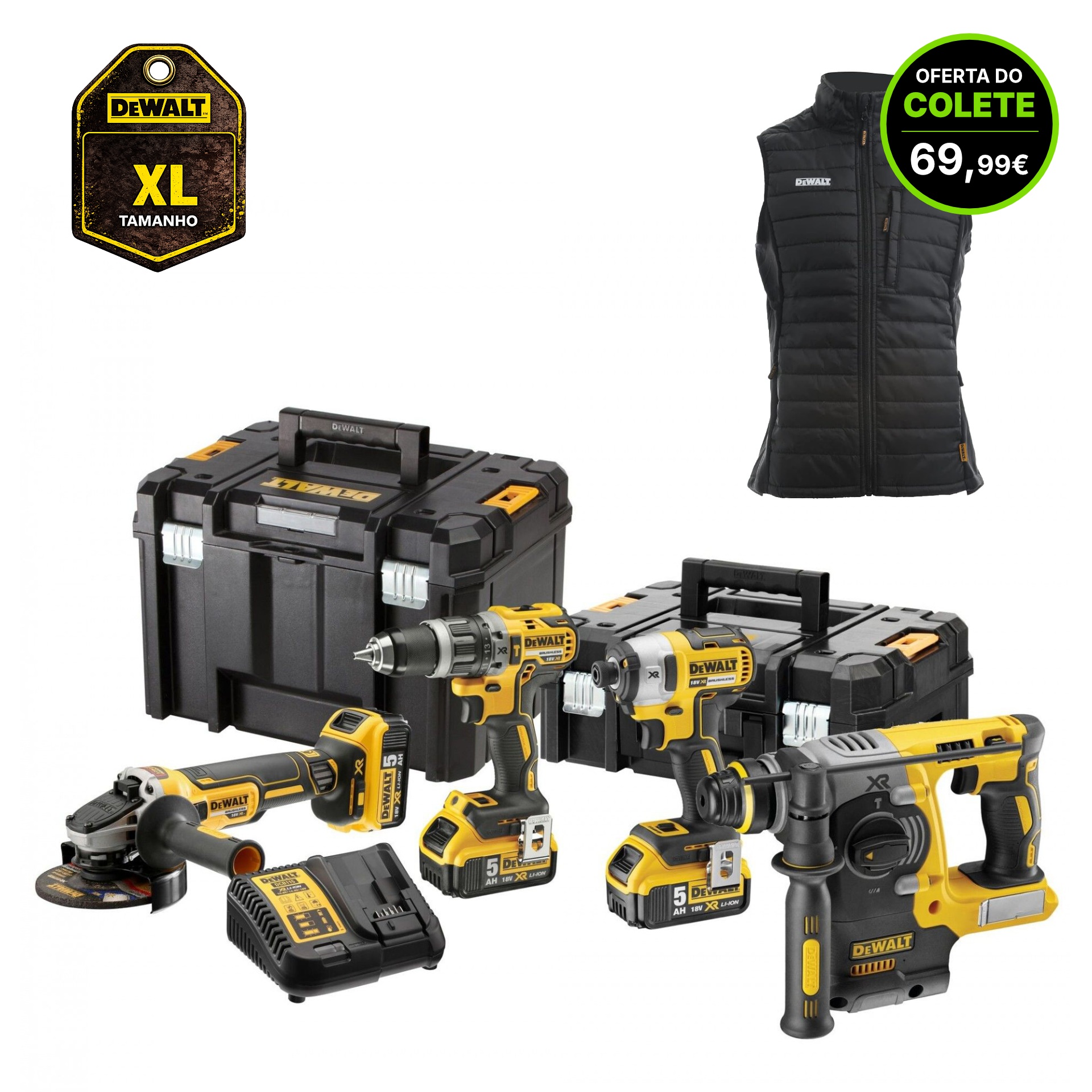 KIT Aparafusadoras DCD796 + DCF887 + Rebarbadora DCG405 + Martelo DCH273N c/3 baterias 5.0Ah e 2 mal