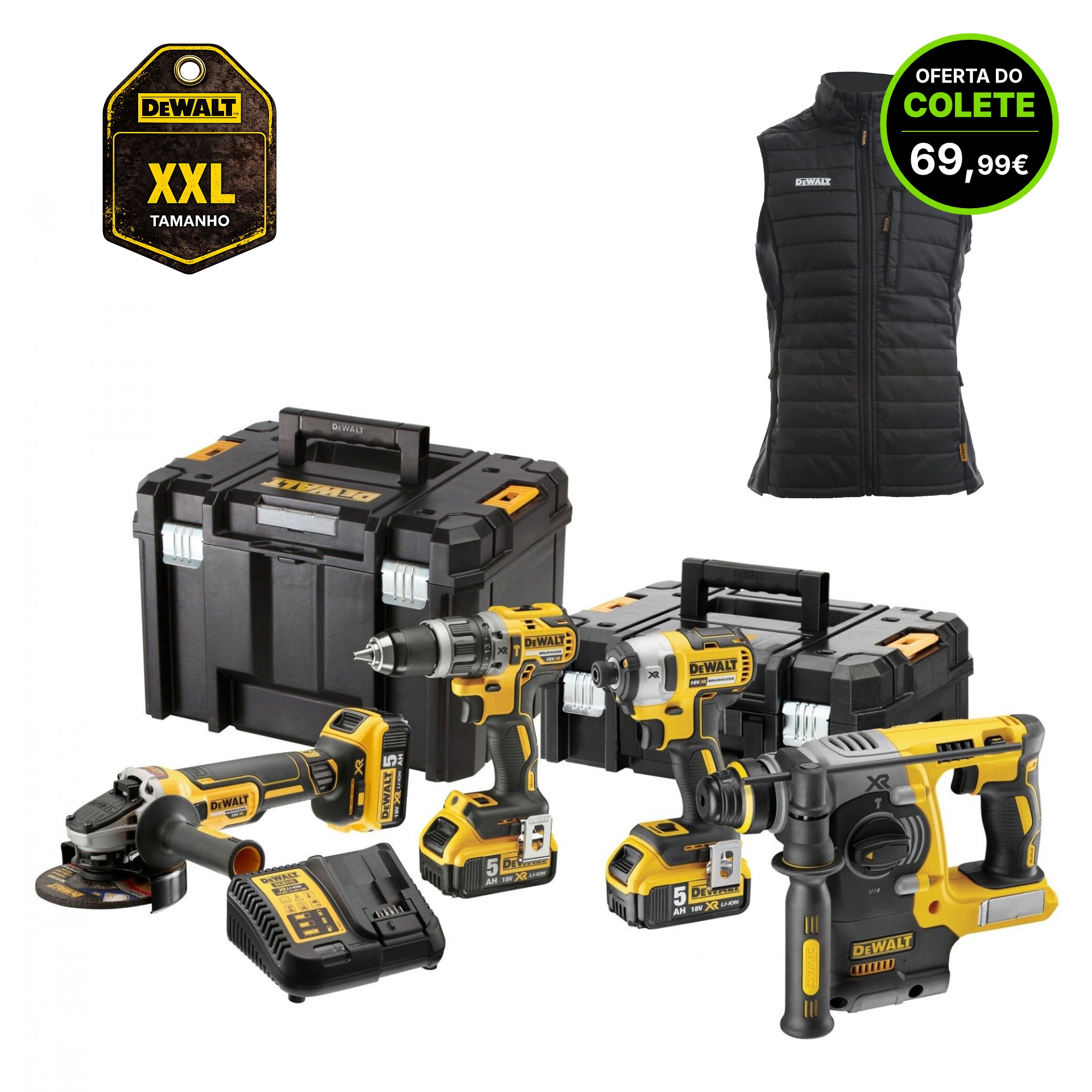 KIT Aparafusadoras DCD796 + DCF887 + Rebarbadora DCG405 + Martelo DCH273N c/3 baterias 5.0Ah e 2 mal