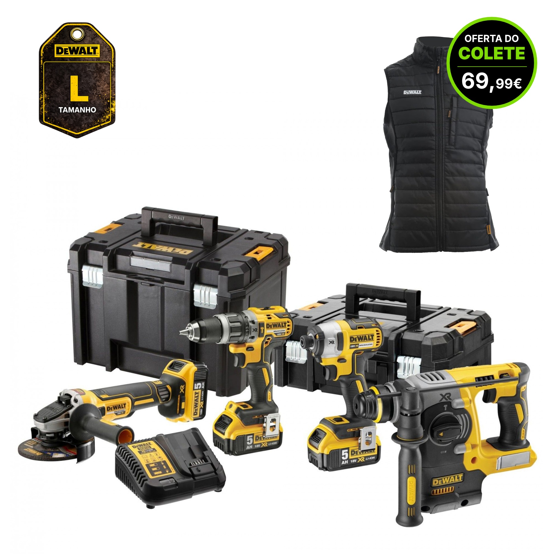 KIT Aparafusadoras DCD796 + DCF887 + Rebarbadora DCG405 + Martelo DCH273N c/3 baterias 5.0Ah e 2 mal
