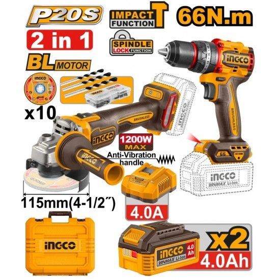 Pack Aparafusadora + Rebarbadora + 2bat  4Ah + carregador + mala ref� CKLI20256E Ingco
