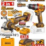 Pack Aparafusadora + Rebarbadora + 2bat  4Ah + carregador + mala ref� CKLI20256E Ingco