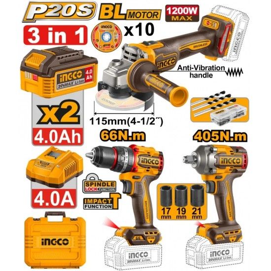 Pack Aparafusadora + Chave impacto + Rebarbadora + 2bat 4Ah + carregador + mala refª CKLI20358E Ing Pack Aparafusadora + Chave impacto + Rebarbadora + 2bat 4Ah + carregador + mala refª CKLI20358E Ing
