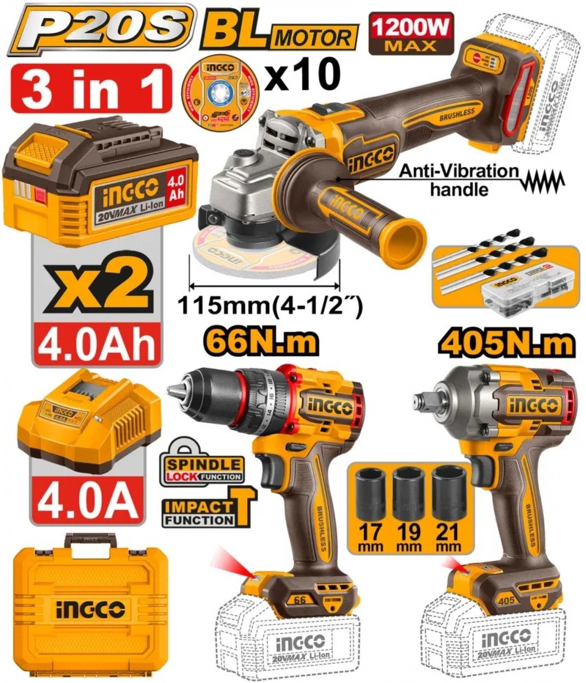 Pack Aparafusadora + Chave impacto + Rebarbadora + 2bat 4Ah + carregador + mala refª CKLI20358E Ing