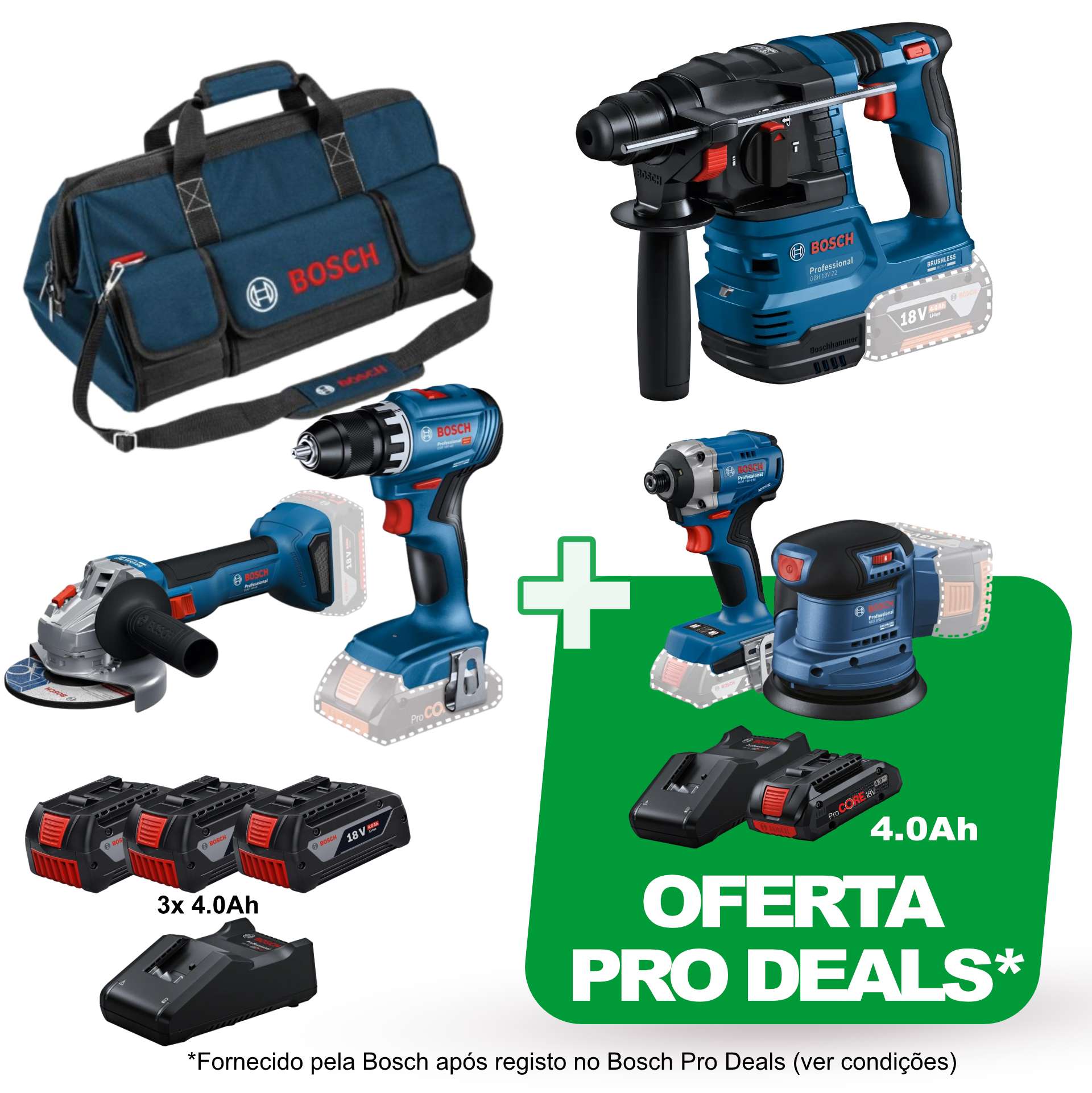 Kit ferramentas sem fio Aparafusadora GSR 18V-45 + Rebarbadora GWS 18V-8 + Martelo GBH 18V-22 Profes