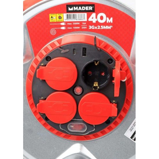 Extens�o El�trica, Enrolador Metal, 40m, 3G2,5mm� ref� 63886 MADER