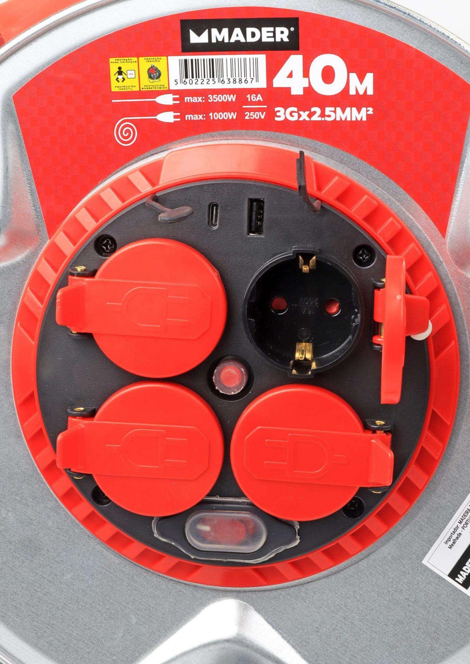 Extensão Elétrica, Enrolador Metal, 40m, 3G2,5mm² refª 63886 MADER