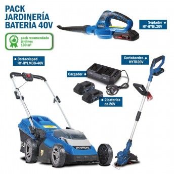 Kit 3 Máq, Corta-relvas + Aparador + Soprador + 2Bat 2.0Ah + carregador refª HYLM38-40V-PACK Hyundai Kit 3 Máq, Corta-relvas + Aparador + Soprador + 2Bat 2.0Ah + carregador refª HYLM38-40V-PACK Hyundai