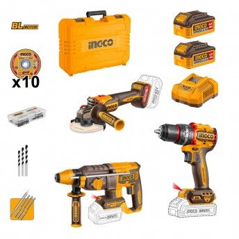 Kit brushless Ingco Aparafusadora [CIDLI206681] + Rebarbadora [CAGLI212025E] +Torna [CRHLI26208] + 2
