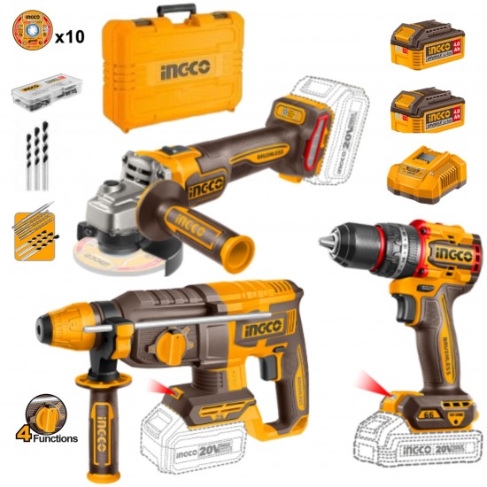 Kit brushless Ingco Aparafusadora [CIDLI206681] + Rebarbadora [CAGLI212025E] +Torna [CRHLI26208] + 2