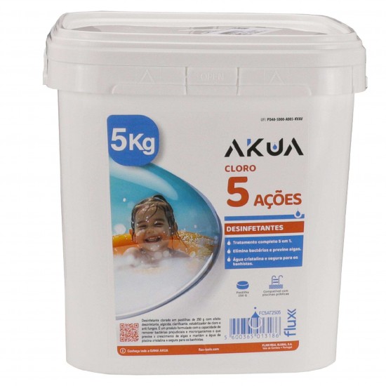 Cloro 5 Açoes Tableta 250gr 5Kg AKUA refª FC5AT2505 FLUX Cloro 5 Açoes Tableta 250gr 5Kg AKUA refª FC5AT2505 FLUX