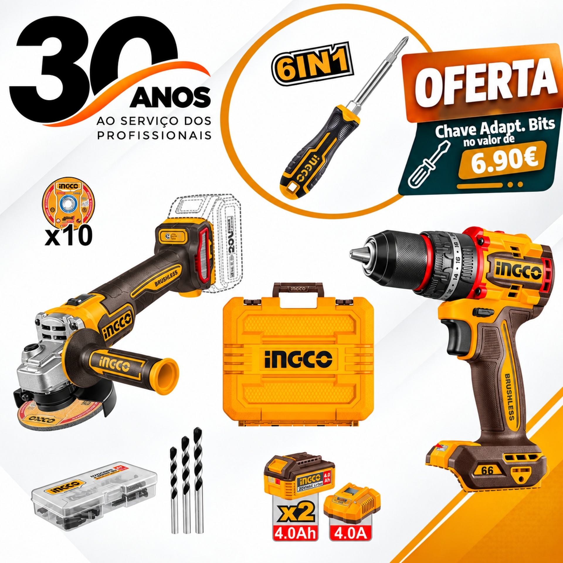 Pack Aparafusadora + Rebarbadora + 2bat 4Ah + carregador + mala + Chave adaptadora de Bits refª CKL