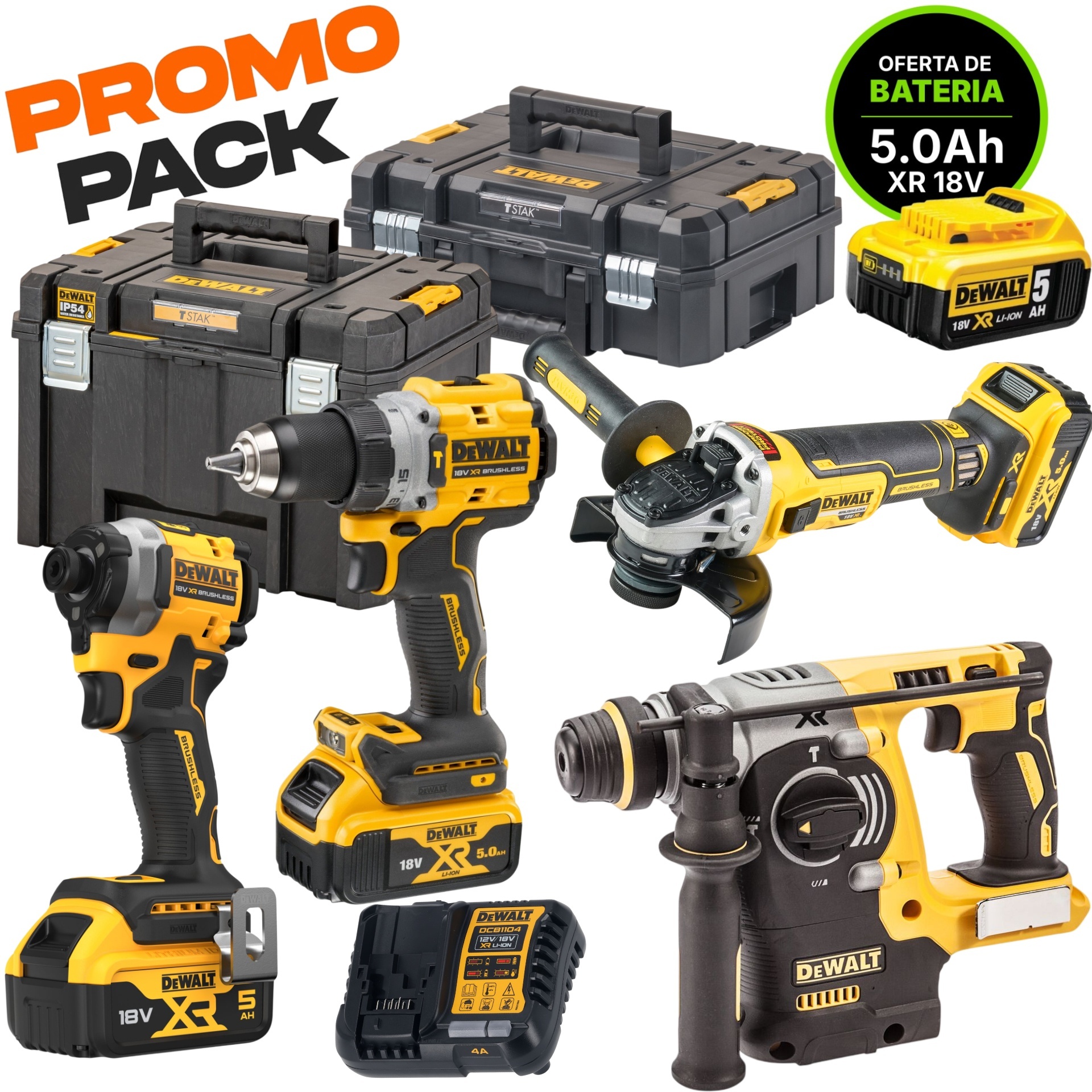 Kit Combo 4 18V Máquinas DCD805 + DCF850 + DCG405 + DCH273 + oferta extra 1 Bateria 5Ah DCB184 refª