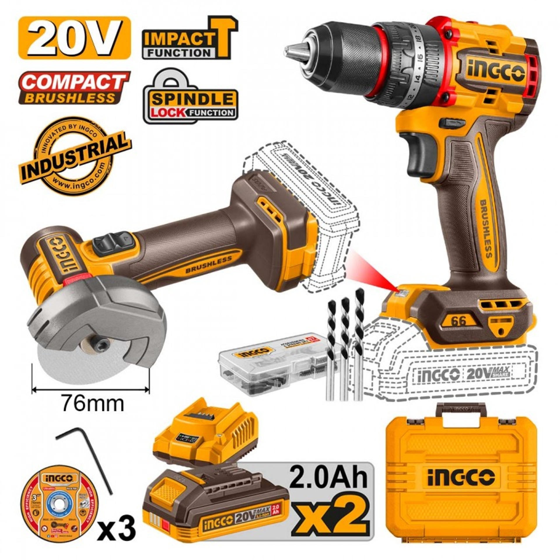 Kit Aparafusadora 20V + Serra 76mm + 2 Bat 2A + Carregador + mala e acessórios refª CKLI20255E IngC