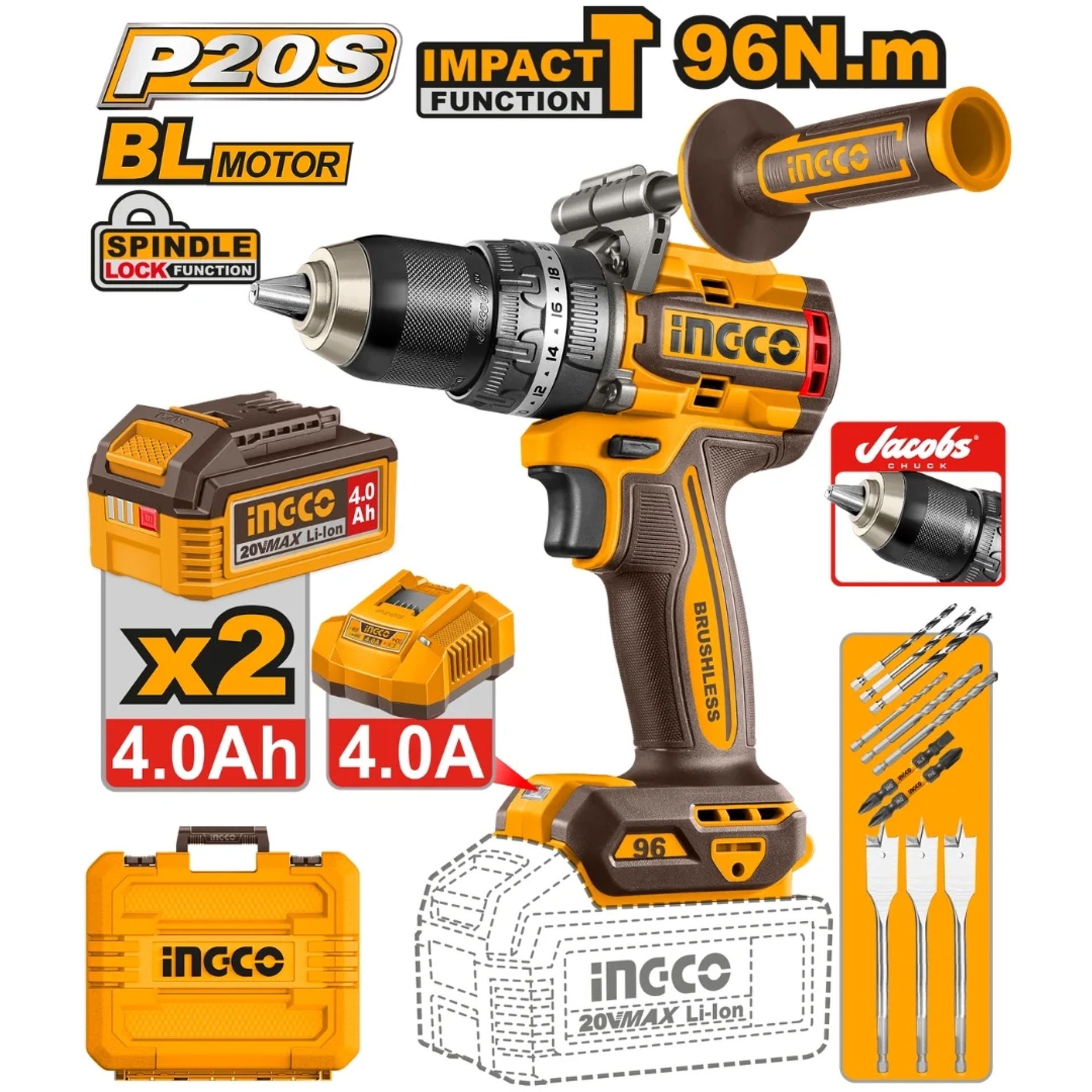 Aparafusadora brushless + 2 Bat 4.0Ah + carregador + mala e acessórios refª CIDLI209686E INGCO