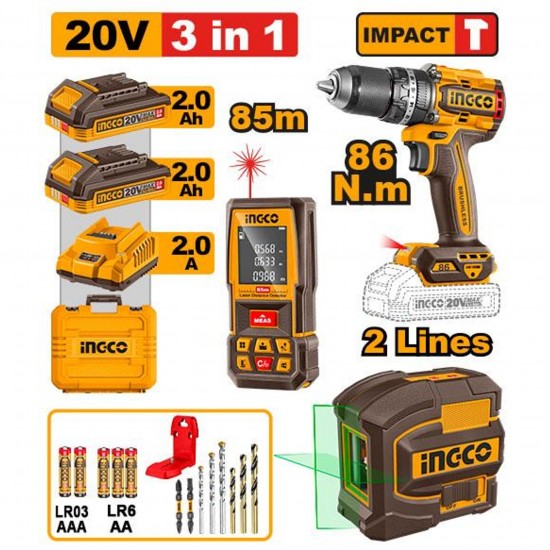 Kit Aparafusadora [CIDLI208683] + Nivel laser  [HLL156601] + Medidor distancias [HLDD07085] + 2 Bat 