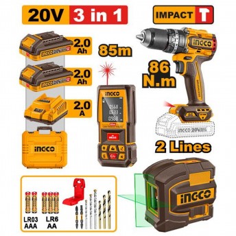 Kit Aparafusadora [CIDLI208683] + Nivel laser  [HLL156601] + Medidor distancias [HLDD07085] + 2 Bat 