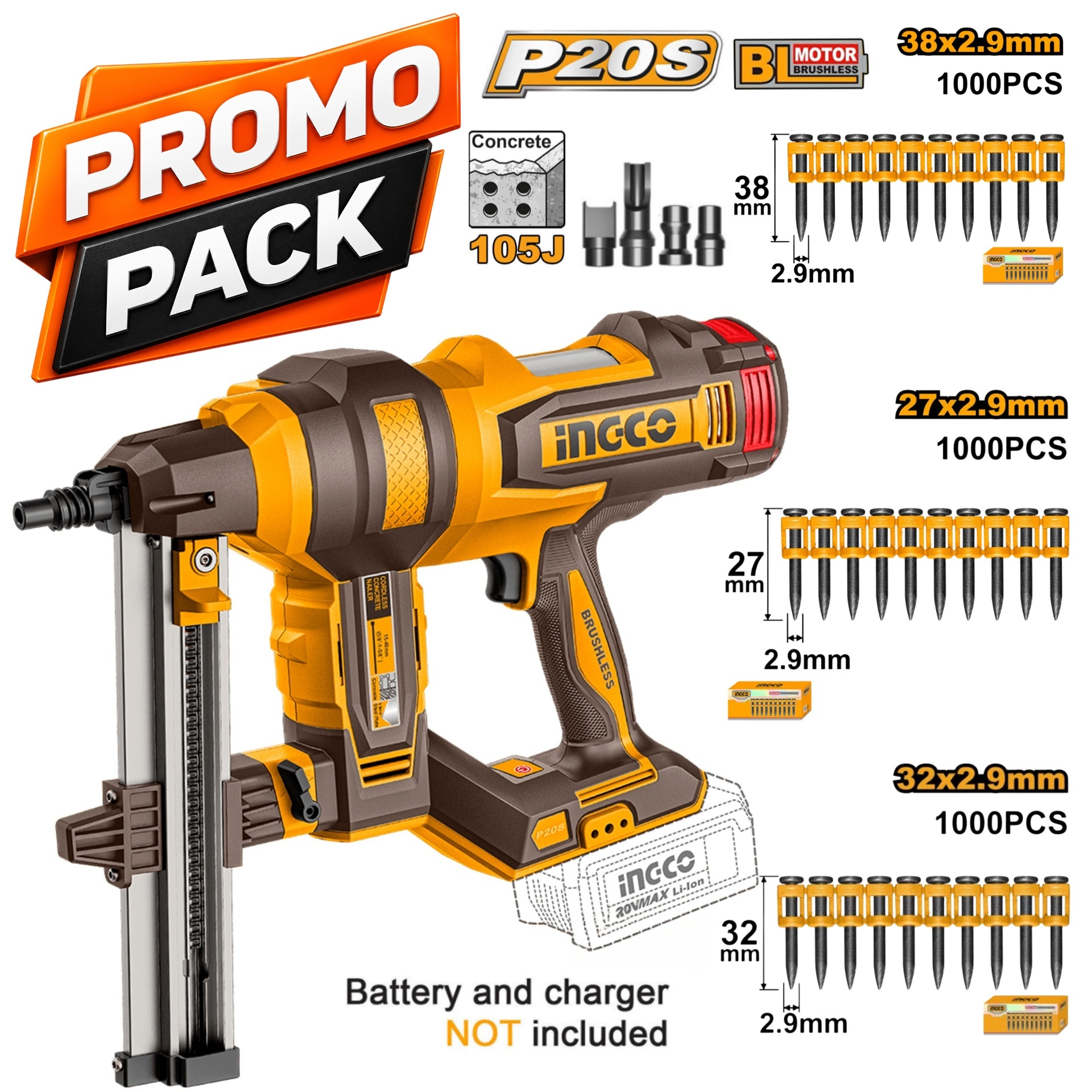 Pregadora p/betão 20V +Pregos P/Betão 27mm (1000pç) + Pregos P/Betão 32mm (1000pç) + Pregos P/Betão